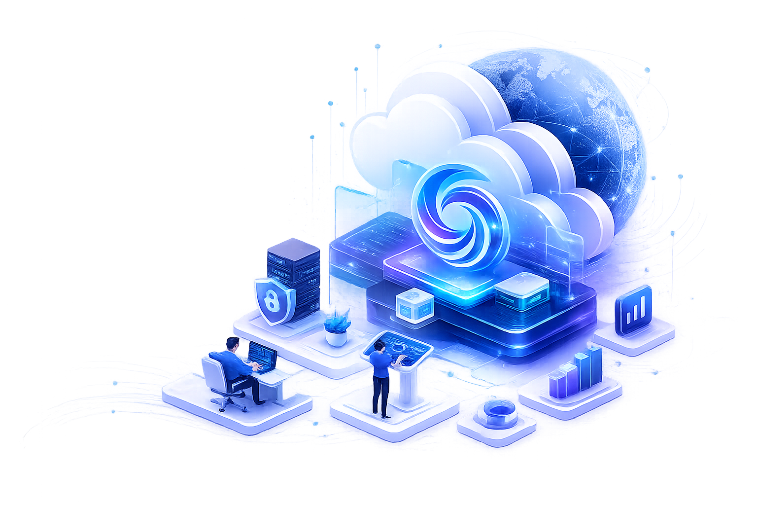 Isometric technology workstation with cloud and data visualizations